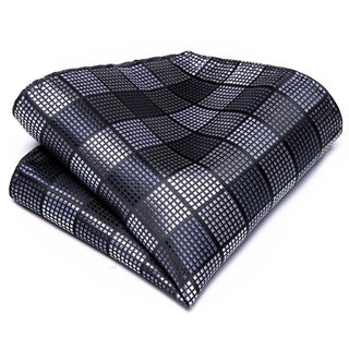 Black Grey Plaid Silk Necktie Pocket Square Cufflinks Set