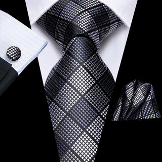 Black Grey Plaid Silk Necktie Pocket Square Cufflinks Set