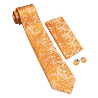 New Orange Floral Silk Men's Necktie Pocket Square Cufflinks Set