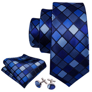 Navy Blue Plaid Silk Necktie Pocket Square Cufflinks Set