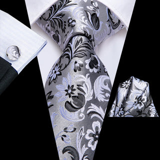 Grey Black Floral Silk Men's Necktie Pocket Square Cufflinks Set