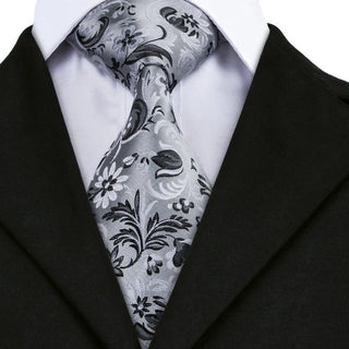 Grey Black Floral Silk Men's Necktie Pocket Square Cufflinks Set