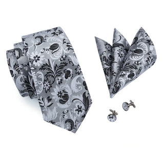 Grey Black Floral Silk Men's Necktie Pocket Square Cufflinks Set