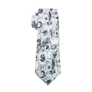 Grey Black Floral Silk Men's Necktie Pocket Square Cufflinks Set