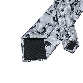 Grey Black Floral Silk Men's Necktie Pocket Square Cufflinks Set