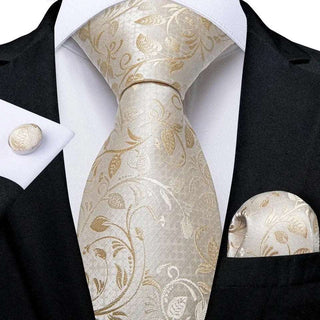 Champagne Golden Floral Silk Necktie Pocket Square Cufflinks Set