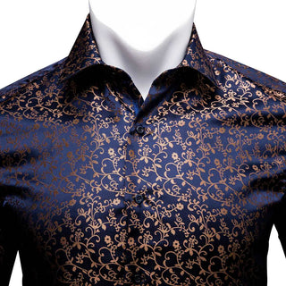 Blue Golden Floral Long Sleeve Shirt with Collar Pin