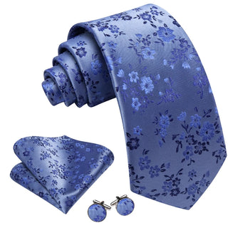 New Royal Blue Floral Silk Men's Necktie Pocket Square Cufflinks Set