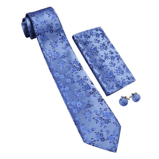 New Royal Blue Floral Silk Men's Necktie Pocket Square Cufflinks Set