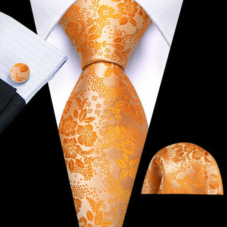 New Orange Floral Silk Men's Necktie Pocket Square Cufflinks Set