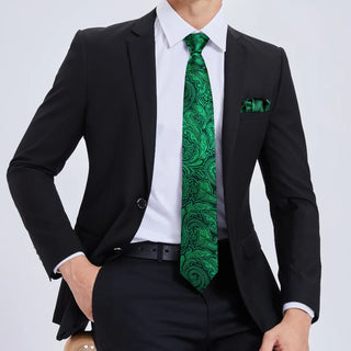 Dark Green Paisley Silk Men's Necktie Pocket Square Cufflinks Set
