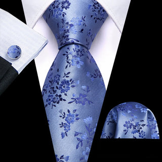 New Royal Blue Floral Silk Men's Necktie Pocket Square Cufflinks Set