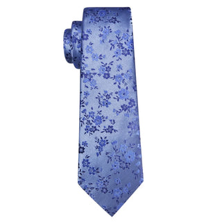 New Royal Blue Floral Silk Men's Necktie Pocket Square Cufflinks Set