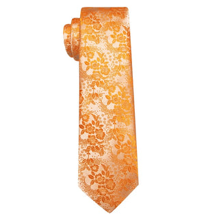 New Orange Floral Silk Men's Necktie Pocket Square Cufflinks Set