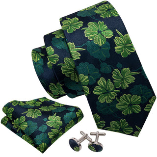 Solid Green Floral Silk Necktie Pocket Square Cufflinks Set
