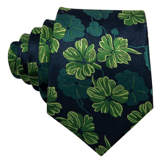 Solid Green Floral Silk Necktie Pocket Square Cufflinks Set
