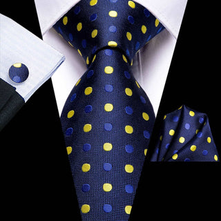 Blue Yellow Polka Dot Silk Necktie Pocket Square Cufflinks Set