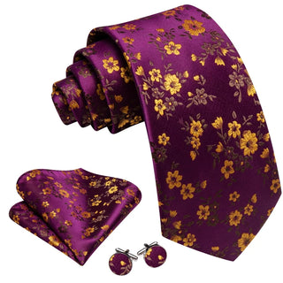New Purple Yellow Floral Silk Men's Necktie Pocket Square Cufflinks Set
