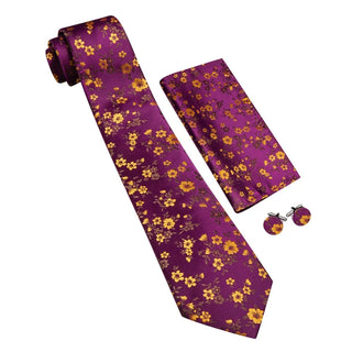 New Purple Yellow Floral Silk Men's Necktie Pocket Square Cufflinks Set