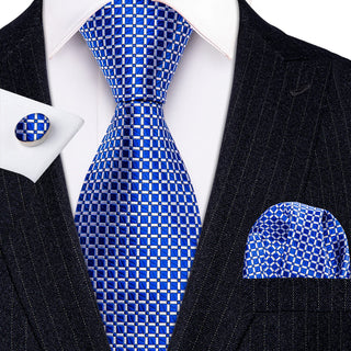 Royal Blue Plaid Silk Necktie Pocket Square Cufflinks Set