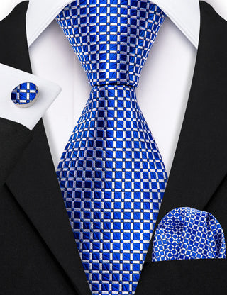 Royal Blue Plaid Silk Necktie Pocket Square Cufflinks Set
