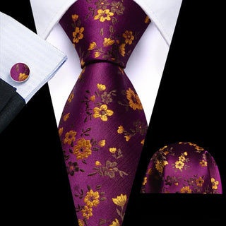 New Purple Yellow Floral Silk Men's Necktie Pocket Square Cufflinks Set