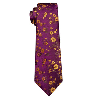 New Purple Yellow Floral Silk Men's Necktie Pocket Square Cufflinks Set