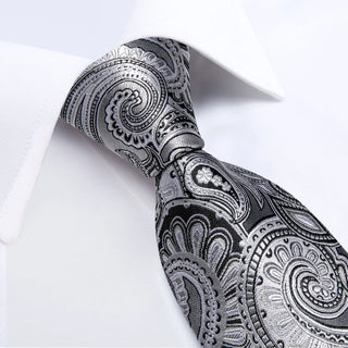 White Grey Paisley Silk Necktie Pocket Square Cufflinks Set