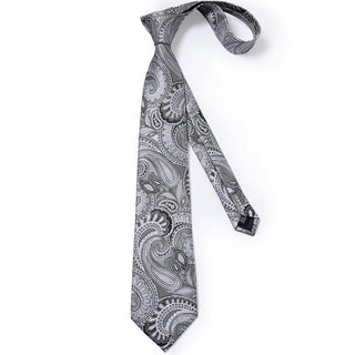 Grey Paisley Silk Necktie Pocket Square Cufflinks Set