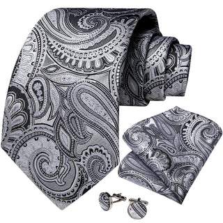 White Grey Paisley Silk Necktie Pocket Square Cufflinks Set