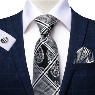 Black Paisley Floral Luxury Silk Necktie Pocket Square Cufflinks Set