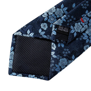 Stylish Blue Floral Silk Necktie Pocket Square Cufflinks Set