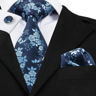 Stylish Blue Floral Silk Necktie Pocket Square Cufflinks Set