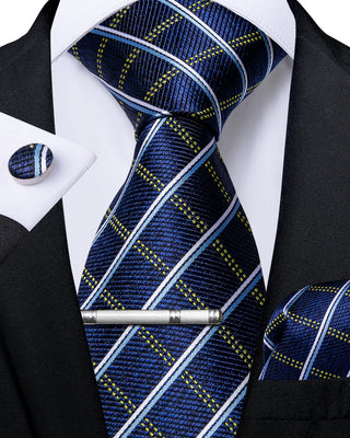 Blue Plaid Silk Soft Men's Necktie Pocket Square Cufflinks Set