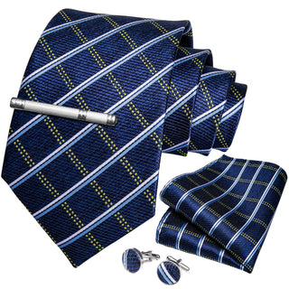 Blue Plaid Silk Soft Men's Necktie Pocket Square Cufflinks Set