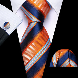 Orange Navy Blue Striped Silk Men's Necktie Pocket Square Cufflinks Set