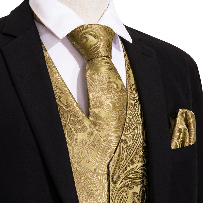Green Plaid Silk Men's Vest Hanky Cufflinks Tie Set Waistcoat Suit Set