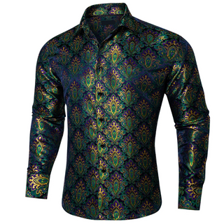 New Blue Green Floral Silk Long Sleeve Shirt
