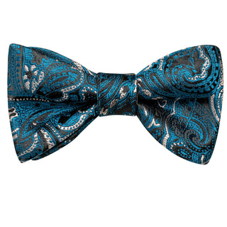 Lake Blue Black Paisley Pre-tied Silk Bow Tie Pocket Square Cufflinks Set