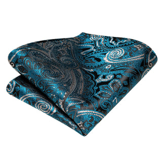 Lake Blue Black Paisley Pre-tied Silk Bow Tie Pocket Square Cufflinks Set