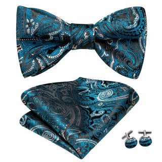 Lake Blue Black Paisley Pre-tied Silk Bow Tie Pocket Square Cufflinks Set