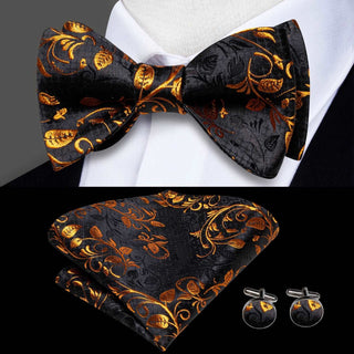 Black Golden Floral Pre-tied Bow Tie Pocket Square Cufflinks Set