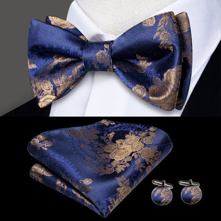 Dark Blue Champagne Floral Pre-tied Bow Tie Pocket Square Cufflinks Set