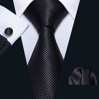 Solid Black Plaid Silk Necktie Pocket Square Cufflinks Set