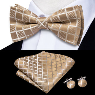 Light Tan Brown Plaid Bow Tie Pocket Square Cufflinks Set