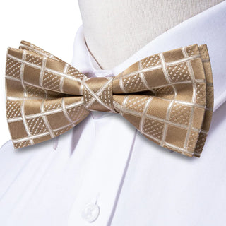 Light Tan Brown Plaid Bow Tie Pocket Square Cufflinks Set