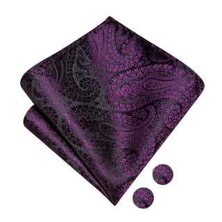 Black Purple Jacquard Paisley Bow Tie Pocket Square Cufflinks Set