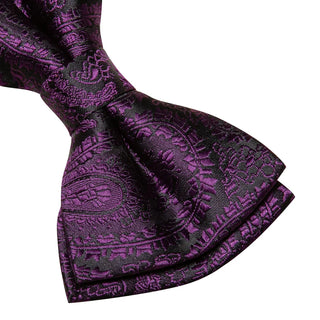 Black Purple Jacquard Paisley Bow Tie Pocket Square Cufflinks Set