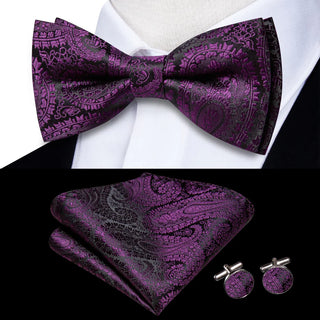 Black Purple Jacquard Paisley Bow Tie Pocket Square Cufflinks Set