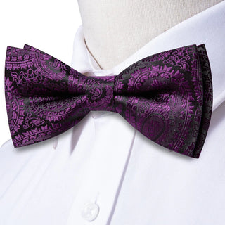 Black Purple Jacquard Paisley Bow Tie Pocket Square Cufflinks Set